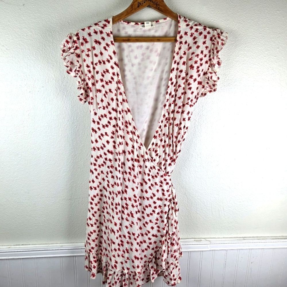 Women's Billabong Floral Rayon V-Neck True Red Floral Flower Wrap Mini Dress Lrg
